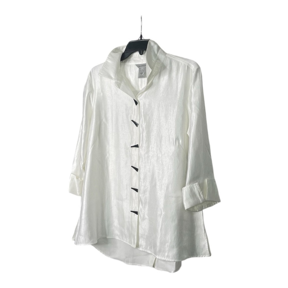 Multiples TURN-UP CUFF 3/4 SLV BUTTON FRONT HI- LO WHITE SHIRT - Picture 3 of 9